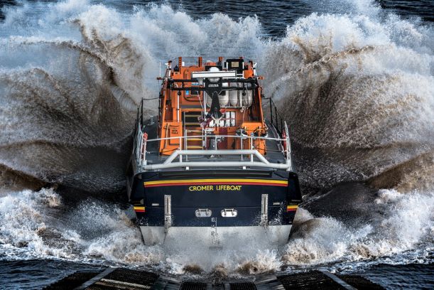 RNLI Lifeboat splashing into big waves